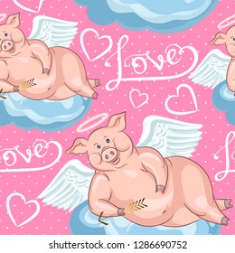 Valentine's day. Seamless pink background with cute angels-pig, hearts, clouds, arrows. The inscription is handmade-Love.