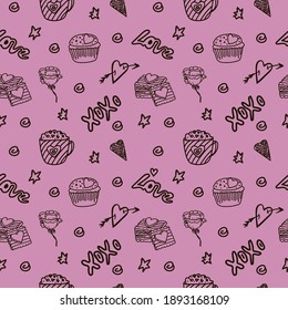 Valentine's Day. Seamless pink background from elements with hearts. Cup, cookies and stars. Vector. Doodle. Sweets background. Suitable for festive textiles, paper and wallpaper.
