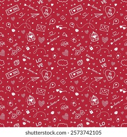 Valentine's Day Seamless Print. Happy Valentines Day Abstract Pattern. Valentines Day Elements. Doodle. Vector illustration in White on Red Background.