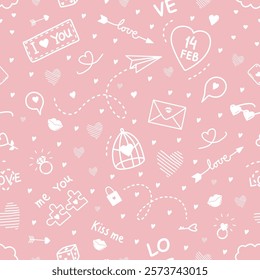 Valentine's Day Seamless Print. Happy Valentines Day Abstract Pattern. Valentines Day Elements. Doodle. Vector illustration in White on Pink Background.