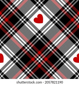 Valentines Day seamless print with plaid pattern and hearts in black, red, white. Herringbone textured large tartan graphic for scarf, blanket, duvet cover, other modern spring autumn winter textile.