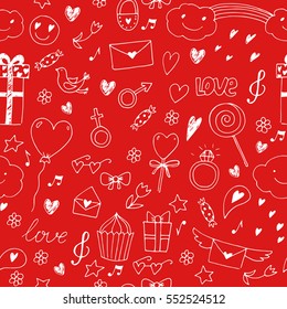 Valentines day. Seamless red vector pattern with hand drawn doodles. Can use for pack, surface, wallpaper, cards.
