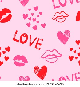 Valentine's day seamless repeat pattern with red and pink hearts, lips, kisses, love word on pink. Y2K retro vibe