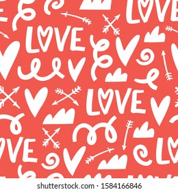 Valentine's Day seamless romantic pattern with hand drawn elements on red background. Background for gift wrapping or fabric design.