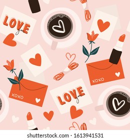 Valentine's Day seamless romantic pattern with hand drawn elements on bright background. Flower, letter, lipstick, coffee. Background for gift wrapping or fabric design.