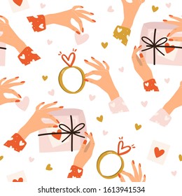 Valentine's Day seamless romantic pattern with hand drawn elements on bright background. Letter, hand, heart, ring, gift box. Background for gift wrapping or fabric design.