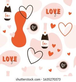 Valentine's Day seamless romantic pattern with hand drawn elements on bright background. Shapes, hearts, letter, coffee. Background for gift wrapping or fabric design.