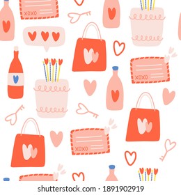 El día de San Valentín combina un patrón romántico sin fisuras con elementos dibujados a mano en un fondo brillante. Carta, corazón, flor. Fondo para envoltura de regalo o diseño de tela.
