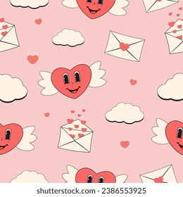 Valentine's Day seamless romantic pattern with groovy heart cupid