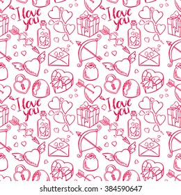 Valentine's Day seamless sketch background. Heart, gifts, sweets. hand-drawn illustration