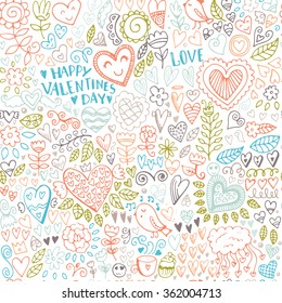 Valentine's day seamless sketch pattern. Romantic vector elements. Illustration with hearts and flowers.