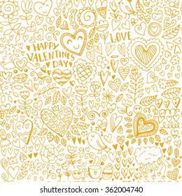 Valentine's day seamless sketch pattern. Romantic vector elements. Illustration with hearts and flowers.