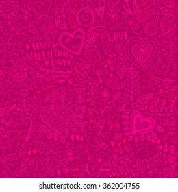 Valentine's day seamless sketch pattern. Romantic vector elements. Illustration with hearts and flowers.