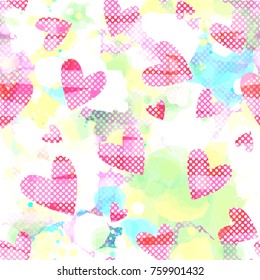 Valentines day seamless texture. Pink hearts with dots pattern on colored cloudy backdrop. Abstract vector background for web page, fabric, wrapping, greeting card, girls design, romantic decor