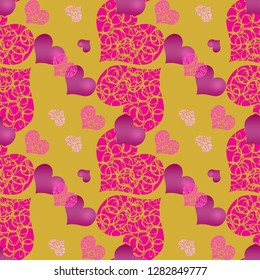 Valentines Day seamless vector pattern  pink and purple hearts on a gold background