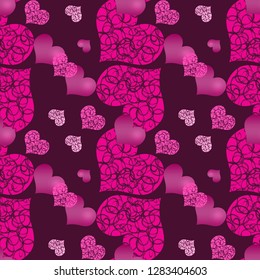Valentines Day seamless vector pattern : pink and purple hearts on dark purple background