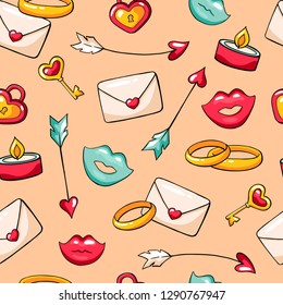 Valentine's day seamless vector pattern  in doodle style. Hand drawn lips, hearts, Cupid's arrow, love letter, wedding rings, heart shape lock. Perfect for fabric and wrapping paper.