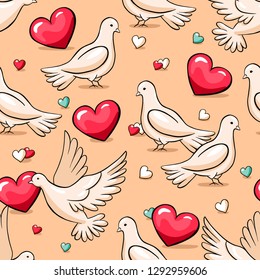 Valentine's day seamless vector pattern with pigeons and hearts. Hand drawn images in doodle style. Perfect for fabric and wrapping paper.
