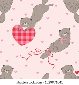 Valentine's Day Seamless Vector Pattern Otter with Hearts 