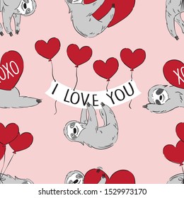 Valentine's Day Seamless Vector Pattern Sloth Love 