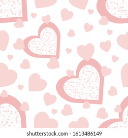 Valentine's Day seamless vector pattern with pale pink love hearts  shapes filled with cute, love hearts looking leaves on white background.