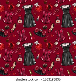 Valentine's day seamless vector pattern. Trendy dress, corset, bag, currant, pomengranate, perfume, nail polish, heart, candy. Red, black. Romantic fashion illustration, gift wrapping, textile print