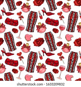 Valentine's day seamless vector pattern. Trendy lace skirt, bags, shoes, perfume, lollypop, lipstick, cocktail, rose flower, cake. Red and white. Fashion illustration for gift wrapping, textile print.