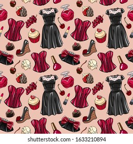 Valentine's day seamless vector pattern. Trendy dress, corset,  bag, currant, cupcake, ice cream, chocolate, nail polish, strabberry, cherry. Fashion illustration for gift wrapping, textile print.