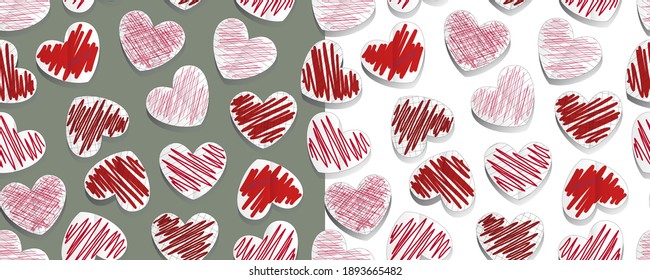 Valentine's Day. Seamless vector pattern of hearts. Ready-made design for packaging products, gifts, postcards, screensavers, fabric prints. Paper valentines hearts hand painted