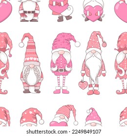 Valentines Day seamless vector pattern with cute hand drawn gnomes, hearts and decorations isolated on white background. Illustration for print, fabric, wrapping paper, card, wallpaper