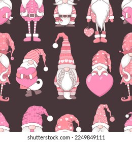 Valentines Day seamless vector pattern with cute hand drawn gnomes, hearts and decorations isolated on brown background. Illustration for print, wallpaper, fabric, wrapping paper, card