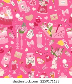 Valentine's Day seamless vector pattern with sweet, hearts, perfume, gift box, candle, arrow. Lovely romantic background great for Mother's Day, textiles, wallpapers, fabric, wrapping paper