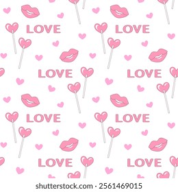 Valentine's Day seamless vector pattern with lollipop, kissing lips and hearts, design for wrapping paper, wallpaper, textile print.