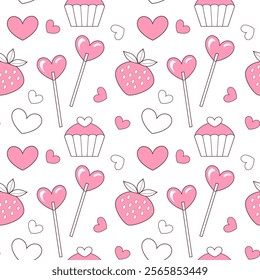 Valentine's Day seamless vector pattern with lollipop, strawberry and cupcake, design for wrapping paper, wallpaper, textile print.