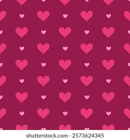 Valentine's Day seamless vector pattern with pink hearts on the purple background. Love theme celebration. Greeting card