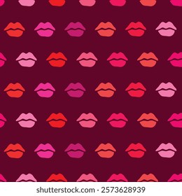 Valentine's Day seamless vector pattern with colored lip kiss on the purple background. February love theme. Holidays kisses