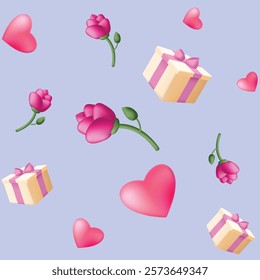 Valentine's Day seamless vector pattern with volumed pink hearts, purple tulips and gifts on the lilac background