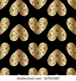 Valentine's Day seamless vector pattern. Polygonal hearts of triangles on black  background. 