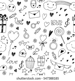 Valentines day. Seamless vector pattern with hand drawn doodles. Can use for pack, surface, wallpaper, cards.