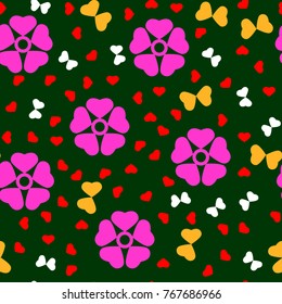 Valentine's Day. Seamless vector pattern of hearts. Butterflies, flowers. green background.