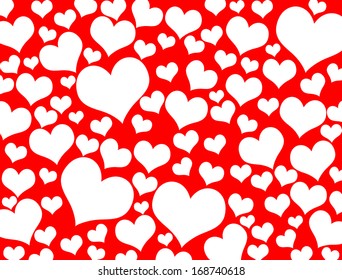 Valentine's Day seamless white hearts pattern on red, vector illustration