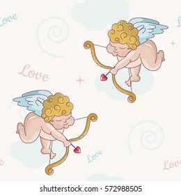 Valentines day seamless white pattern with cupid