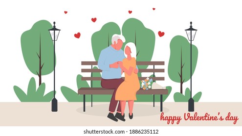 Valentine's Day Senior Couple. Senior Couple Date In The Park Sitting On The Bench. Senior Couple Romance