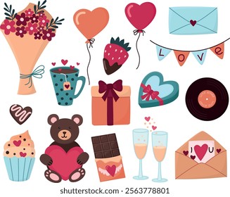 Valentine's Day set with balloons, sweets, sparkling wine, gifts, bouquet of flowers and others. Colorful flat illustration with various cute trinkets in the shape of hearts.