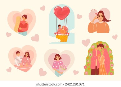 Valentine's day set with beautiful couples of young woman and man holding embracing each other. Cartoon illustration of people dating and in love