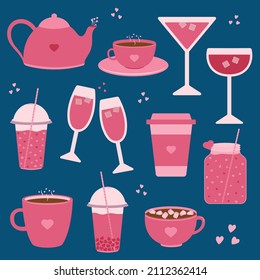 Valentines Day Set of Beverages Elements. Tea, Coffee, Dark chocolate, Bubble Tea, Martini, Wine. Vector Illustration for Romantic Valentines Day Theme Stickers, Greeting card, Bullet Journal, Menu