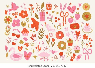 Valentine's Day set - birds, cupcake, swan, cake, donut, cookie, bow, flower, star, heart, berry on white background. Perfect for romantic greeting cards, decorations. Vector hand drawn illustration