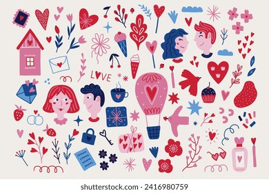 Valentine's Day set - boy, girl, hearts, tulip, flower, bird, ice cream, strawberry, love letter, gift, cupcake on white background. Perfect for greeting cards, decorations. Vector illustration