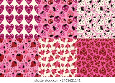 Valentines Day set of Bright and Cool Seamless Patterns. Pattern with Cool Quirky Playful Bright Hearts and characters