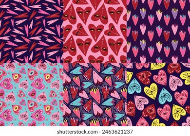 Valentines Day set of Bright and Cool Seamless Patterns. Pattern with Cool Quirky Playful Bright Hearts and characters